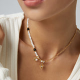 Adjustable Star & Moon Necklace - 925 Silver w/ Pearl & Onyx (White/Vintage Gold-Tone)