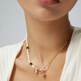 Adjustable Star & Moon Necklace - 925 Silver w/ Pearl & Onyx (White/Vintage Gold-Tone)