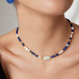Adjustable Gold-Tone Silver Necklace with Pearls & Synthetic Lapis Lazuli