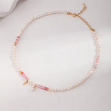 Blushing Peach Adjustable Pearl Necklace - Silver Tone / Vintage Gold Tone