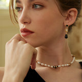 Onyx & Pearl Drop Earrings - 925 Silver (Silver/Gold-Tone, 4cm)