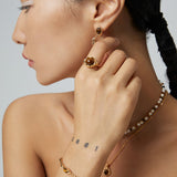 Adjustable Tiger Eye Pearl Bracelet - 925 Silver (Vintage Gold Tone)