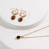 Tiger Eye Earrings & Necklace Set - 925 Silver (Gold Tone)