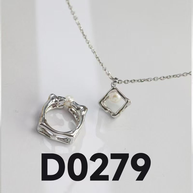 Geometric Pearl Ring & Necklace Set - 925 Silver (Silver Tone / Gold Tone)