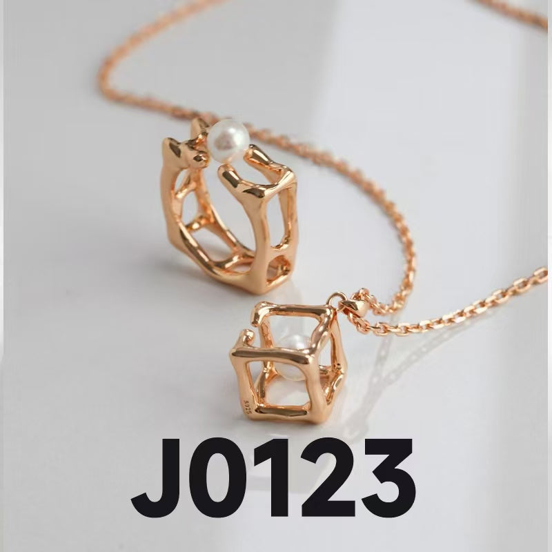 Geometric Pearl Ring & Necklace Set - 925 Silver (Silver Tone / Gold Tone)