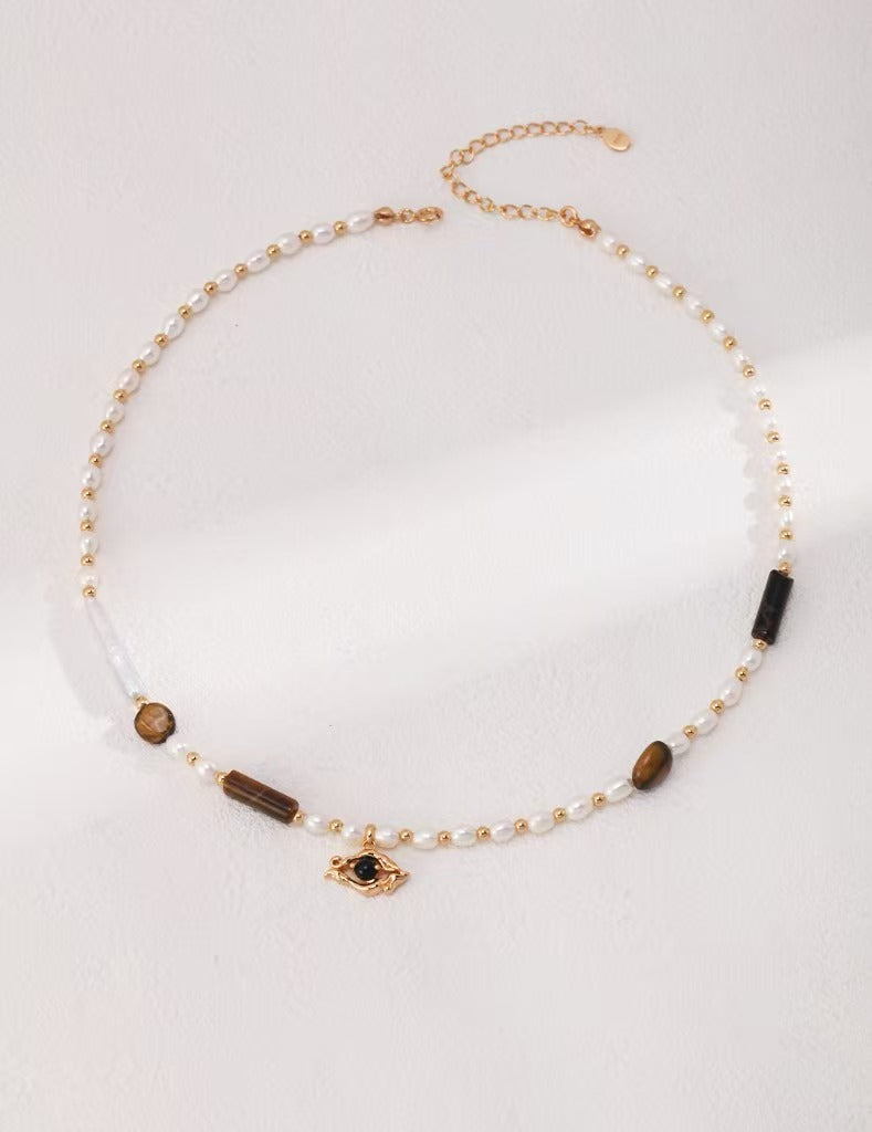 Tiger Eye Pearl Earrings & Necklace Set - 925 Silver (Gold Tone)
