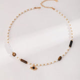 Tiger Eye Pearl Earrings & Necklace Set - 925 Silver (Gold Tone)