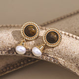 Pure silver tiger's eye pearl earrings