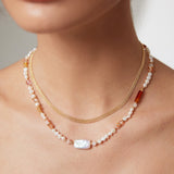 Sterling Silver Pearl Necklace – French Minimalist with Strawberry Quartz & Gold-Tone