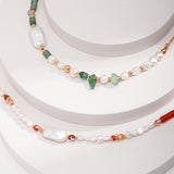 Sterling Silver Pearl Necklace – French Minimalist with Strawberry Quartz & Gold-Tone