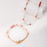 Sterling Silver Pearl Necklace – French Minimalist with Strawberry Quartz & Gold-Tone