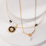 Vintage Gold-Tone Pearl & Onyx Necklace - 925 Silver