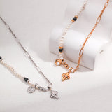 Adjustable Star & Moon Necklace - 925 Silver w/ Pearl & Onyx (White/Vintage Gold-Tone)