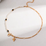 Adjustable Star & Moon Necklace - 925 Silver w/ Pearl & Onyx (White/Vintage Gold-Tone)