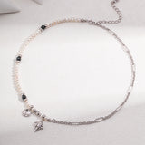 Adjustable Star & Moon Necklace - 925 Silver w/ Pearl & Onyx (White/Vintage Gold-Tone)