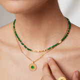 Adjustable Crushed Silver Bead Necklace w/ Emerald - Gold-Tone 925 Silver