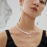 Deconstructed Pearl Necklace & Earrings Set - 925 Silver (10mm Pearl)
