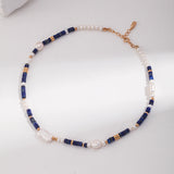 Adjustable Gold-Tone Silver Necklace with Pearls & Synthetic Lapis Lazuli