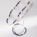 Adjustable Gold-Tone Silver Necklace with Pearls & Synthetic Lapis Lazuli