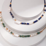 Adjustable Gold-Tone Silver Necklace with Pearls & Synthetic Lapis Lazuli