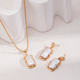 Adjustable Natural Pearl Necklace & Earrings Set - Vintage Gold Tone