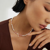 Blushing Peach Adjustable Pearl Necklace - Silver Tone / Vintage Gold Tone
