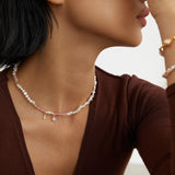 Blushing Peach Adjustable Pearl Necklace - Silver Tone / Vintage Gold Tone