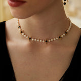 Evil Eye Pearl & Onyx Necklace - 925 Silver (Gold-Tone)