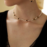 Evil Eye Pearl & Onyx Necklace - 925 Silver (Gold-Tone)