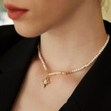 Adjustable Pearl & Zircon Pendant Necklace - 925 Silver (Gold-Tone)