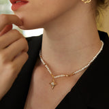 Adjustable Pearl & Zircon Pendant Necklace - 925 Silver (Gold-Tone)