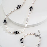 Adjustable Pearl & Onyx Jewelry - Choose Necklace or Bracelet (925 Silver)