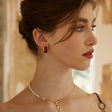 Red Enamel Stud Earrings - Gold-Tone 925 Silver