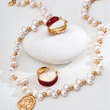 Red Enamel Stud Earrings - Gold-Tone 925 Silver