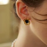 Black Enamel Stud Earrings - Vintage Gold 925 Silver (2x1.5cm)