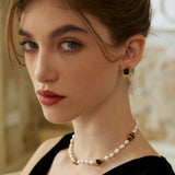Black Enamel Stud Earrings - Vintage Gold 925 Silver (2x1.5cm)