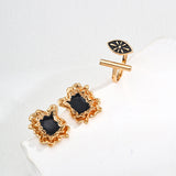 Black Enamel Stud Earrings - Vintage Gold 925 Silver (2x1.5cm)