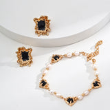 Black Enamel Stud Earrings - Vintage Gold 925 Silver (2x1.5cm)