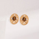 Vintage Gold-Tone Tiger's Eye & Pearl Earrings - 925 Sterling Silver