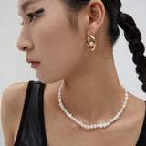 Asymmetric Pearl Earrings & Adjustable Necklace Set - 925 Silver (Silver/Gold-Tone)