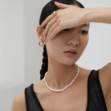 Asymmetric Pearl Earrings & Adjustable Necklace Set - 925 Silver (Silver/Gold-Tone)
