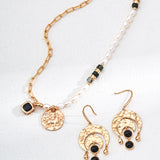 Adjustable Pearl & Onyx Necklace - 925 Silver (Gold-Tone)