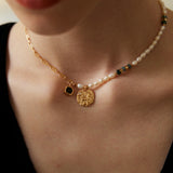 Adjustable Pearl & Onyx Necklace - 925 Silver (Gold-Tone)