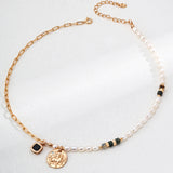 Adjustable Pearl & Onyx Necklace - 925 Silver (Gold-Tone)