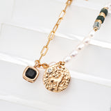 Adjustable Pearl & Onyx Necklace - 925 Silver (Gold-Tone)