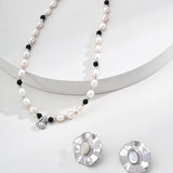 French Cream Style Earrings - 925 Silver w/ Onyx & Shell (Silver/Gold-Tone)