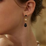 Onyx & Pearl Drop Earrings - 925 Silver (Silver/Gold-Tone, 4cm)