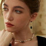 Onyx & Pearl Drop Earrings - 925 Silver (Silver/Gold-Tone, 4cm)