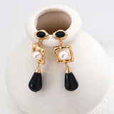 Onyx & Pearl Drop Earrings - 925 Silver (Silver/Gold-Tone, 4cm)