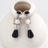 Onyx & Pearl Drop Earrings - 925 Silver (Silver/Gold-Tone, 4cm)